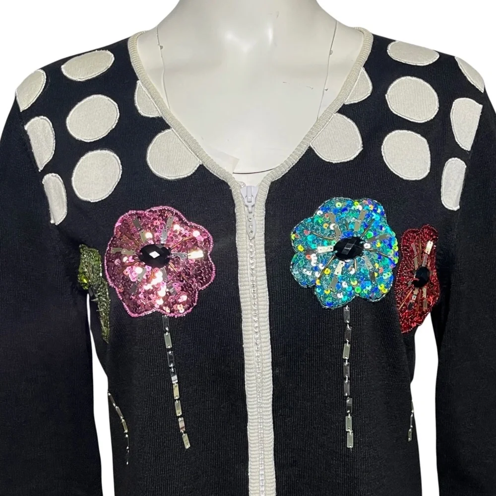 Jack B Quick Vintage Sweater Black Sequin Flower Lightweight Cardigan Size M